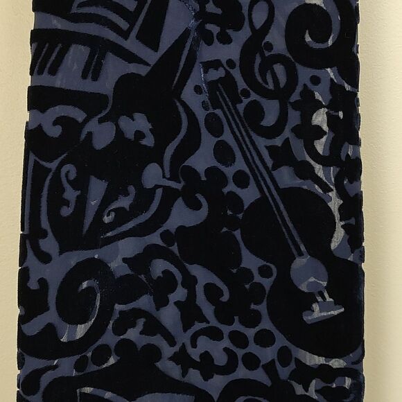 ZazouLuxe Silk Blend Navy Blue Sheer Velvet Flocked Music Inspired Fringed Scarf - Picture 8 of 8